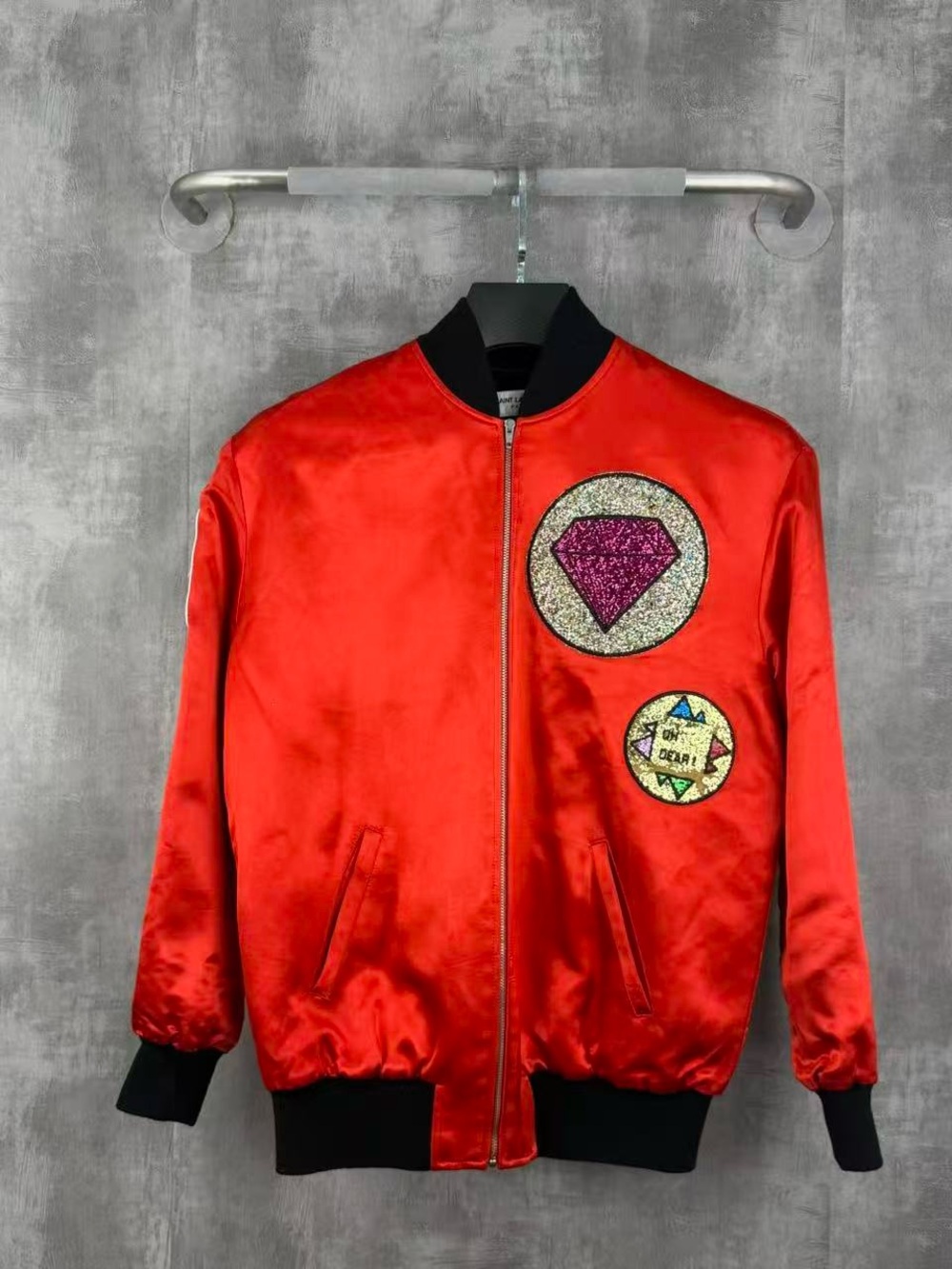 🚩steal Saint Laurent Black and Red Satin Bomber Jacket